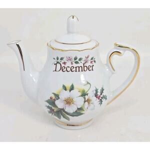 Golden Crown E& R Germany 3 1/2 in Mini Birthday Teapot White Floral December